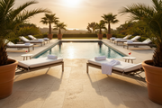 Terraza de piscina con Losa Frías Travertino de hormigón en caliza, palmeras y atardecer - Vetonek