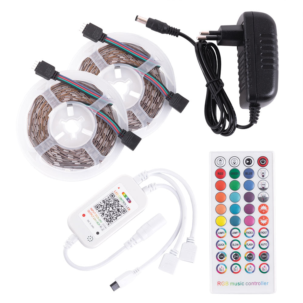 Kit Tira LED 72W 3,000Lm 300 LEDs 10M RGB Blister Transformador, Controlador, Control Bluetooth IP20 — Vetonek