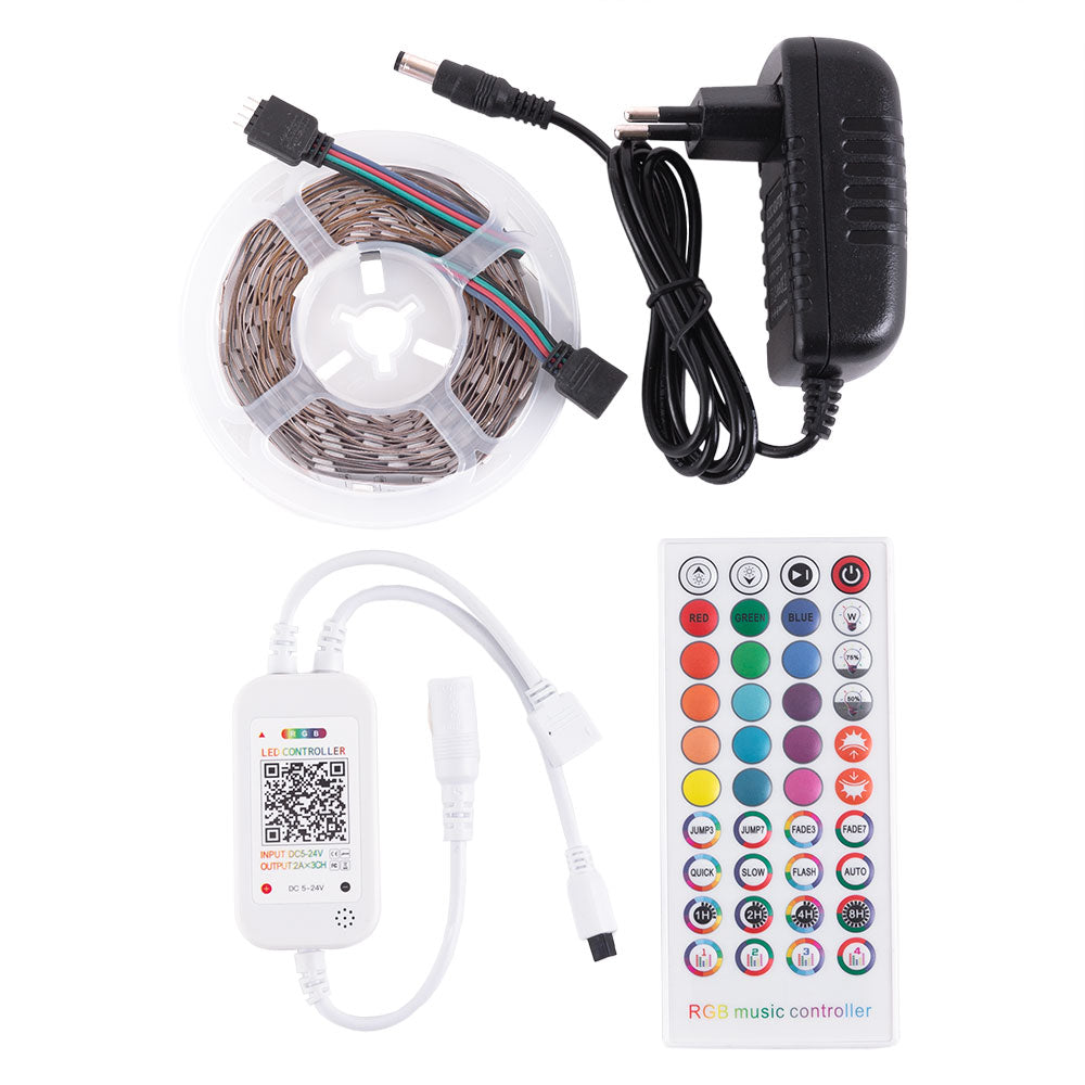 Kit Tira 36W 1.500Lm 150 LEDs 5 metros RGB Blister Transformador, Controlador, Control Bluetooth IP20 — Vetonek