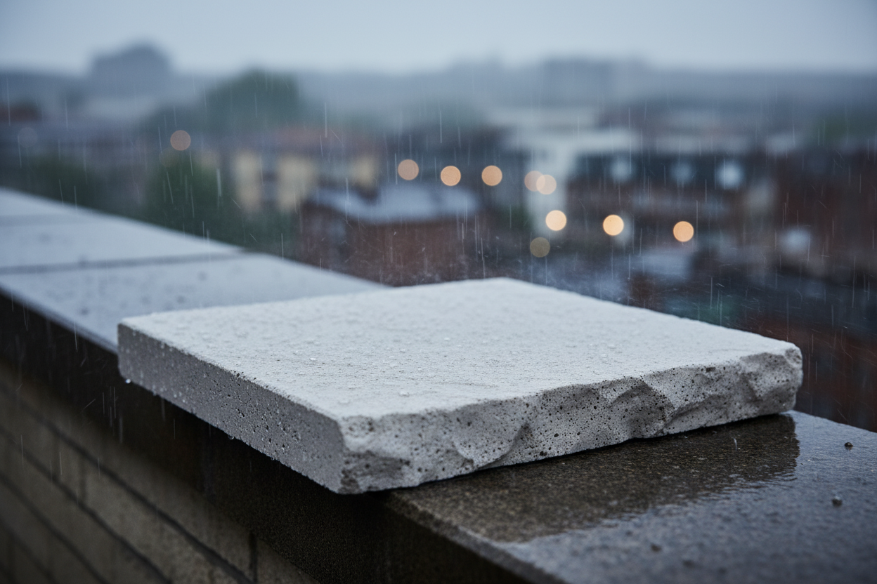 Cubremuros Duero Piedra de hormigón, en el muro de un ático urbano bajo la lluvia - Vetonek