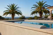 Cubremuros Cinca de hormigón, instalado en el muro de una villa mediterránea con palmeras y piscina - Vetonek