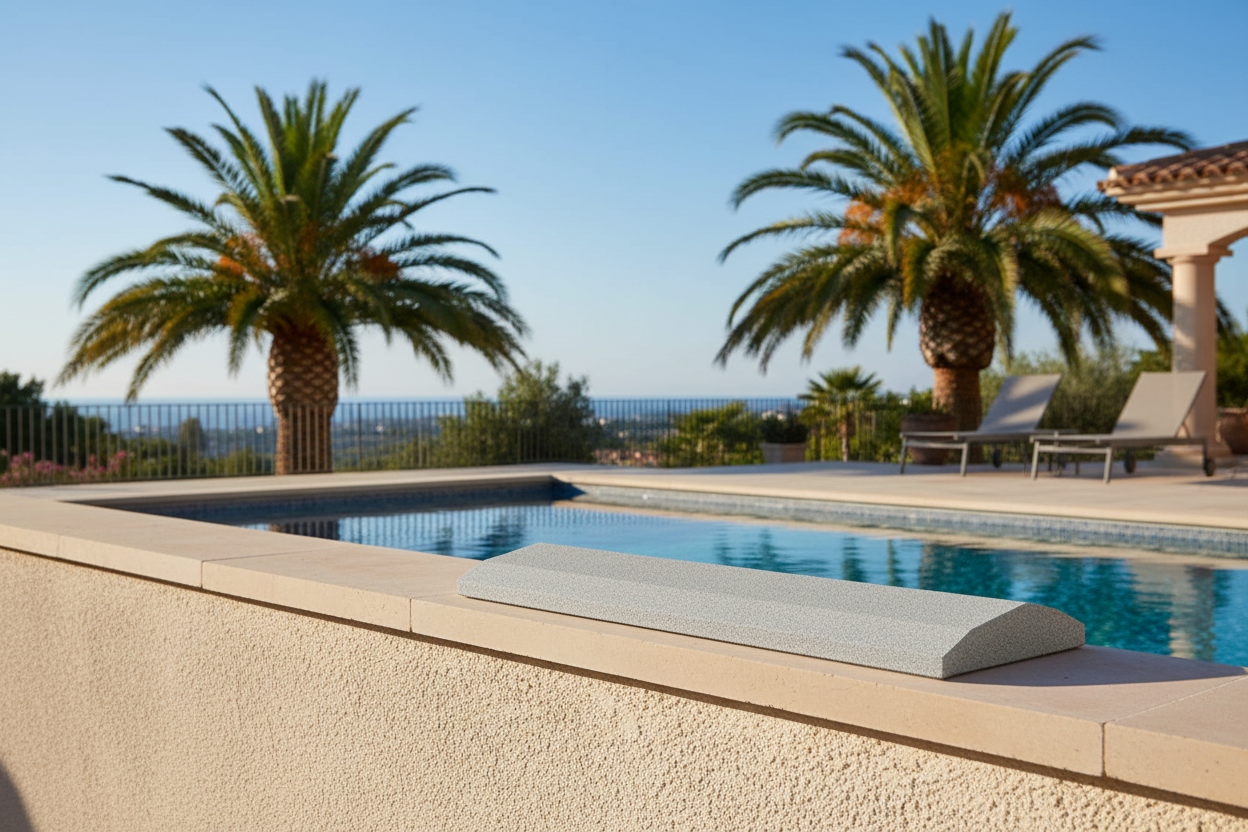 Cubremuros Cinca de hormigón, instalado en el muro de una villa mediterránea con palmeras y piscina - Vetonek