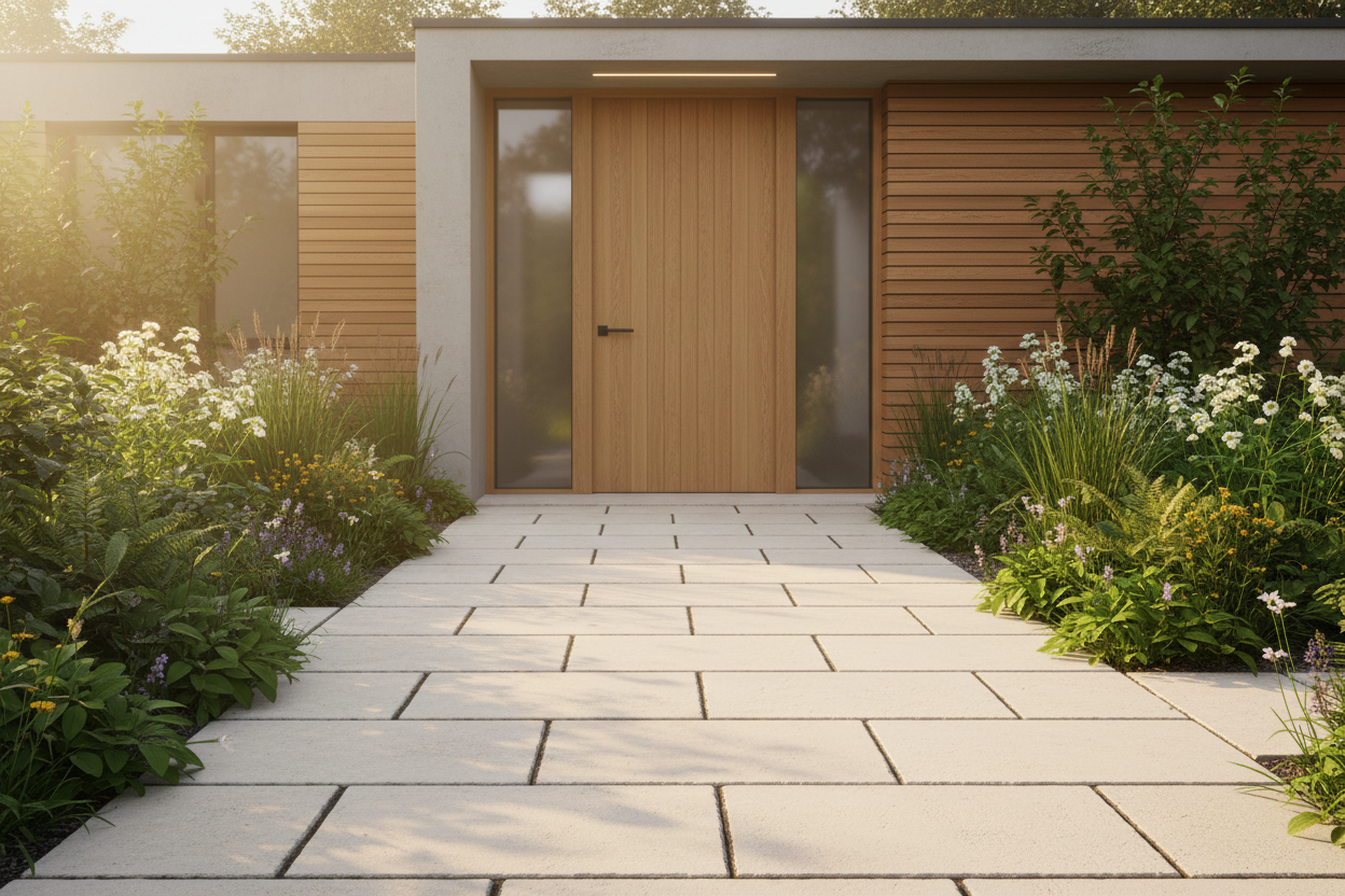 Entrada de vivienda con camino pavimentado con Pack de Losas Ainsa de hormigón en crema - Vetonek