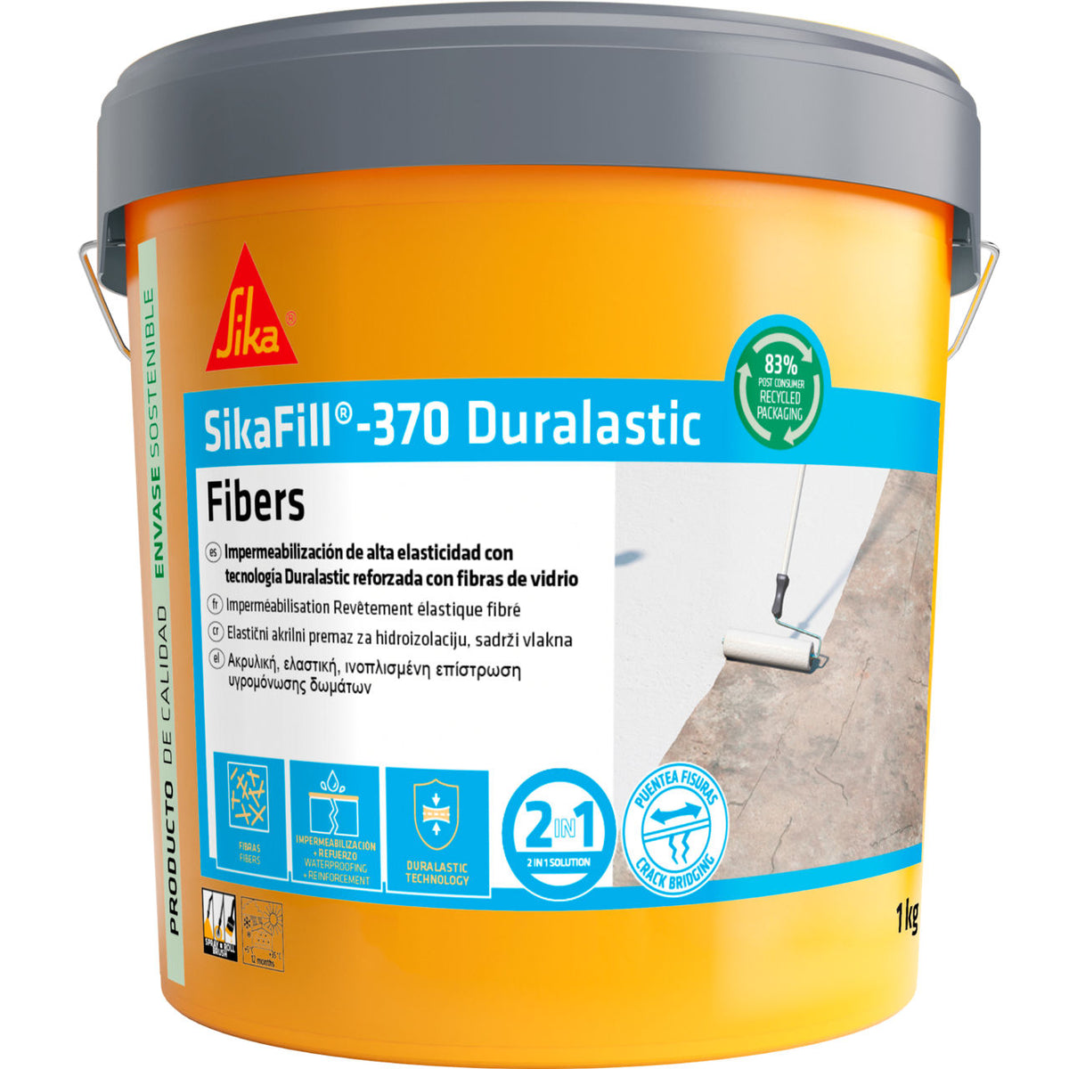 Bote de SikaFill®-370 Fibers de Sika, revestimiento elástico acrílico con fibra de vidrio para impermeabilizar cubiertas y terrazas - Vetonek