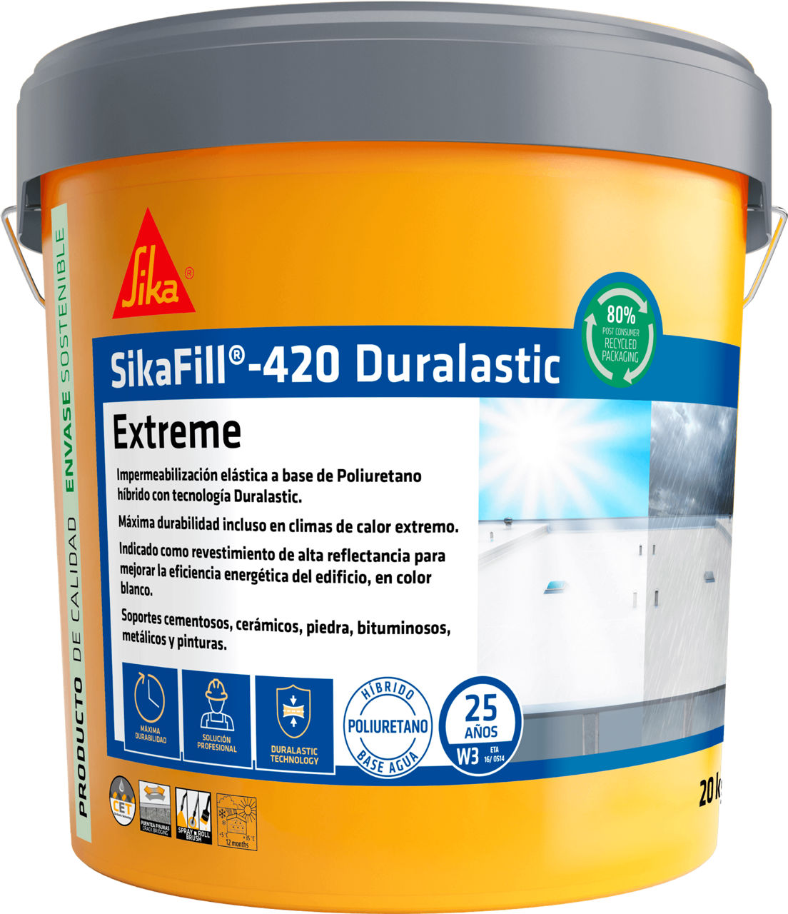 Bote de SikaFill®-420 Extreme de Sika, membrana líquida híbrida de poliuretano en base agua para impermeabilizar cubiertas - Vetonek