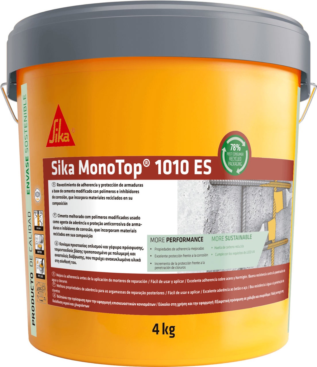 Bote de 4 kg de Sika MonoTop®-1010 ES de Sika, mortero cementoso pasivador de armaduras y puente de adherencia para reparación de hormigón - Vetonek