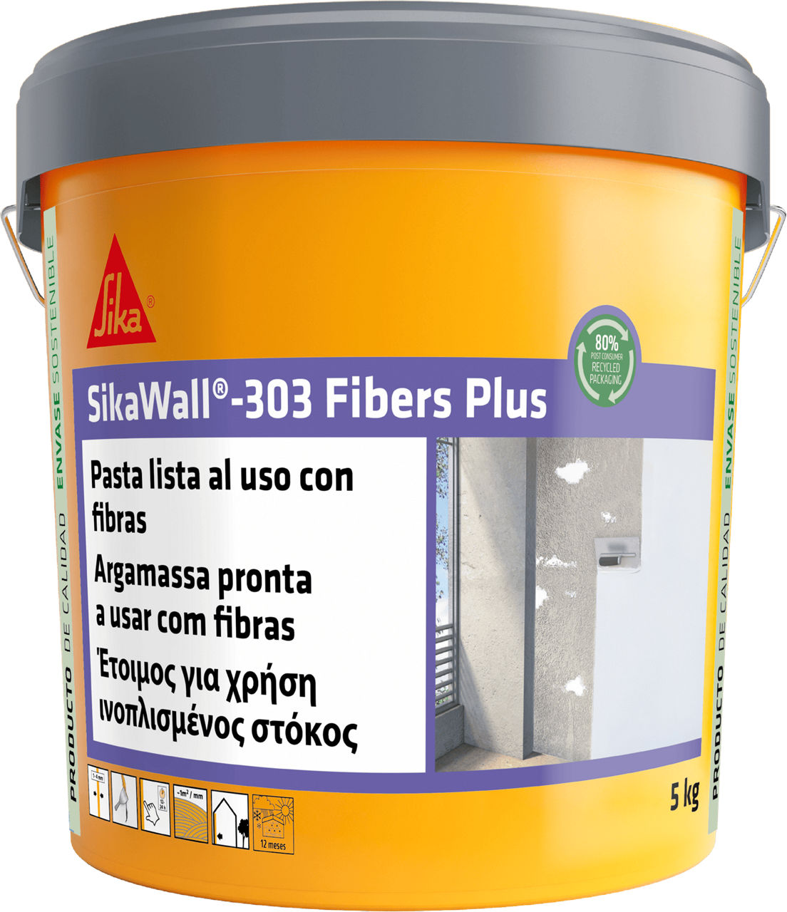 Bote de SikaWall®-303 Fibers Plus de Sika, masilla en pasta con fibra de vidrio para puentear fisuras y reparar paredes - Vetonek