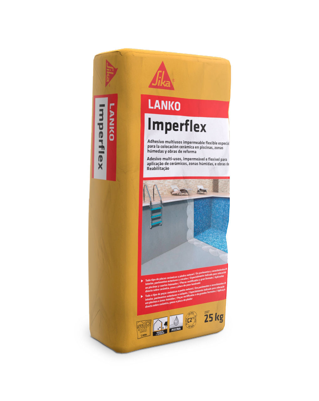 Saco de 25 kg de LANKO® Imperflex de Sika, adhesivo cementoso C2TE impermeable y flexible para cerámica en piscinas y zonas húmedas - Vetonek