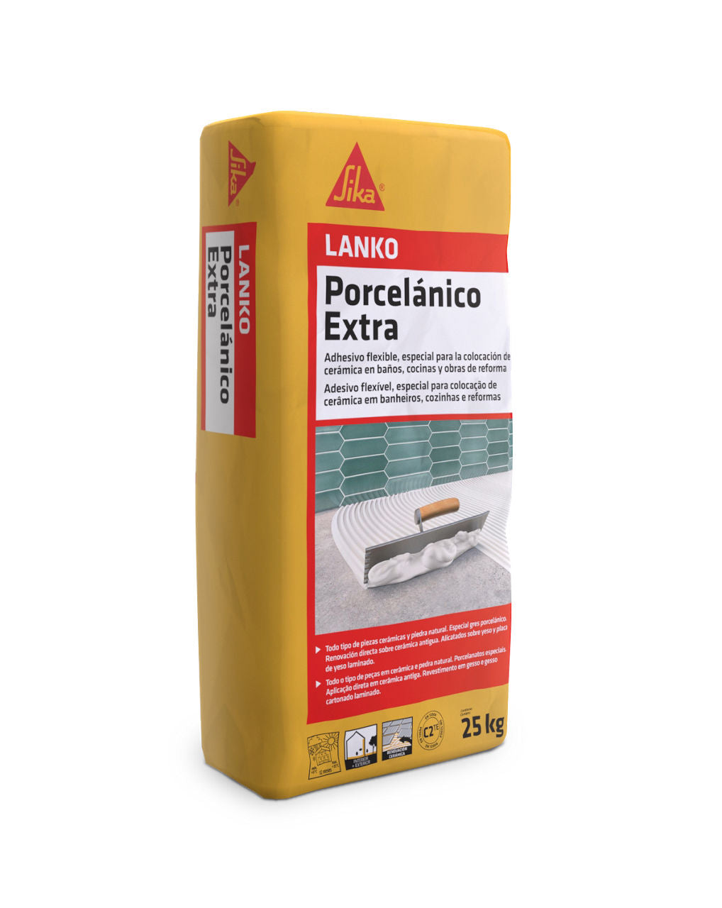 Saco de 25 kg de LANKO® Porcelanico Extra de Sika, adhesivo cementoso C2 TE para colocar gres porcelánico en suelos y paredes - Vetonek