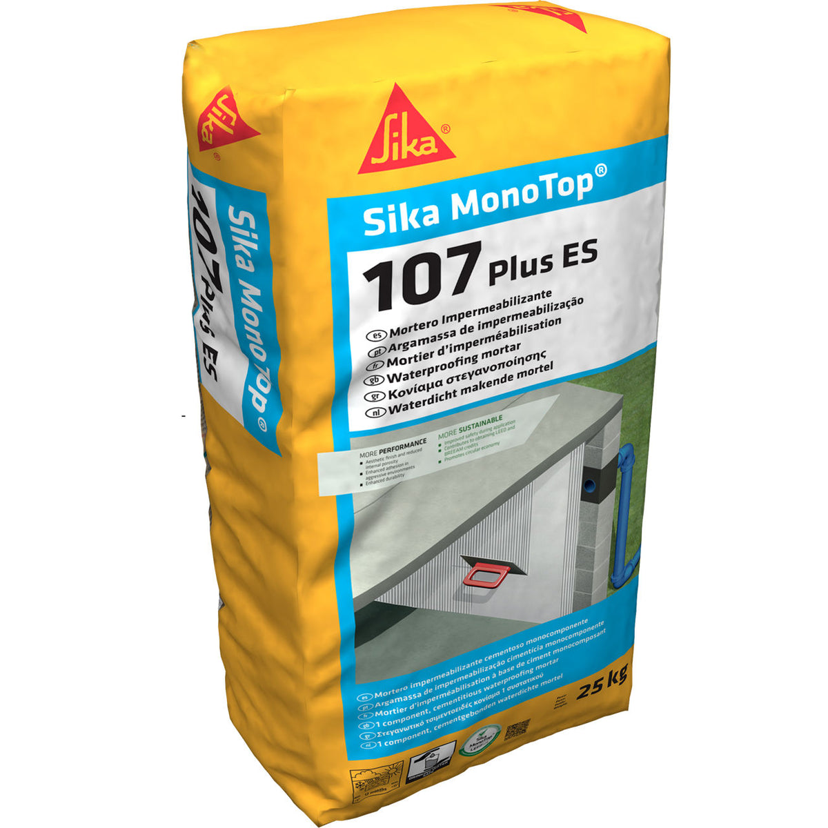 Saco de Sika MonoTop®-107 Plus ES, mortero cementoso impermeabilizante para depósitos, piscinas y muros - Vetonek