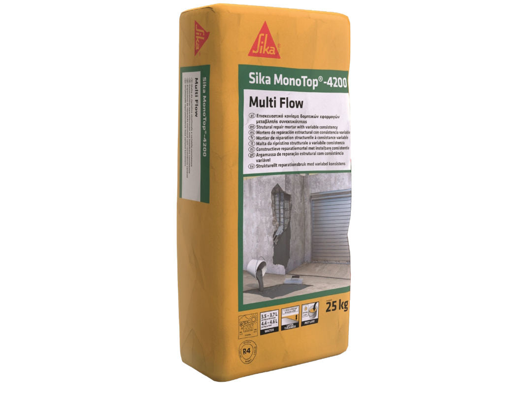 Saco de 25 kg de Sika MonoTop®-4200 Multi Flow de Sika, mortero de reparación R4 de consistencia variable manual, proyectable y fluida - Vetonek