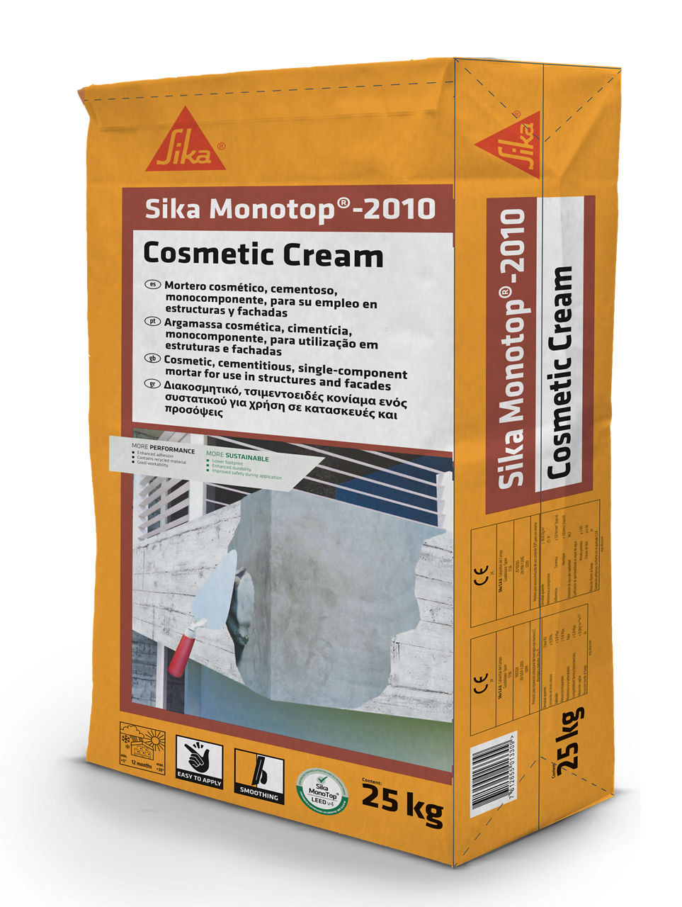 Saco de 25 kg de Sika MonoTop®-2010 Cosmetic Cream de Sika, mortero cosmético gris claro para el acabado liso de hormigón y fachadas - Vetonek