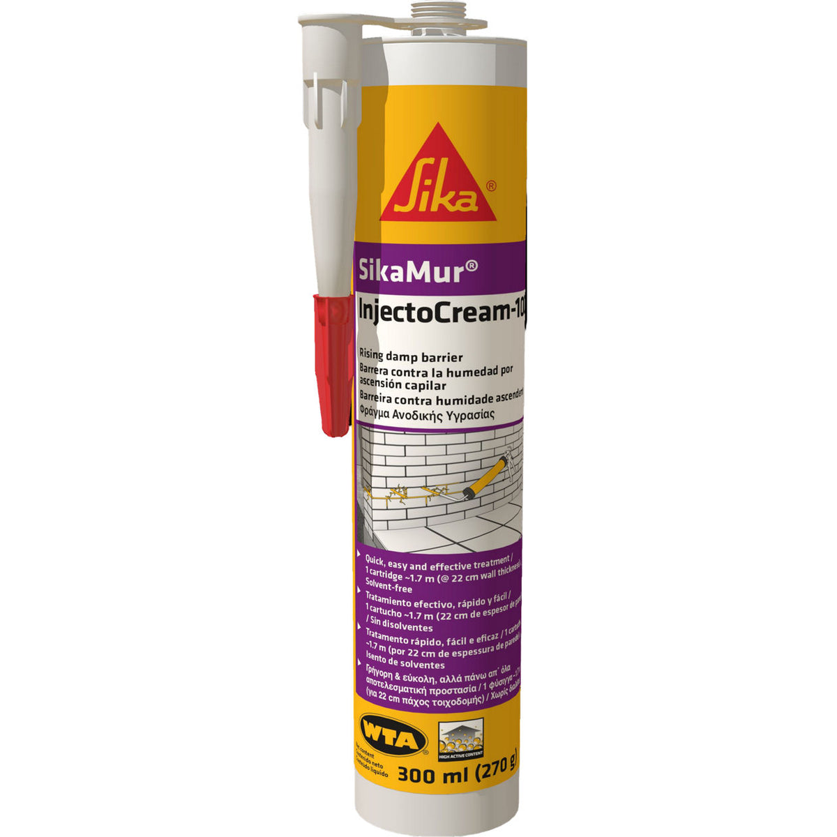 Salchichón y cartucho de SikaMur® InjectoCream-100 de Sika, crema de inyección de silanos que crea una barrera contra la humedad por capilaridad - Vetonek
