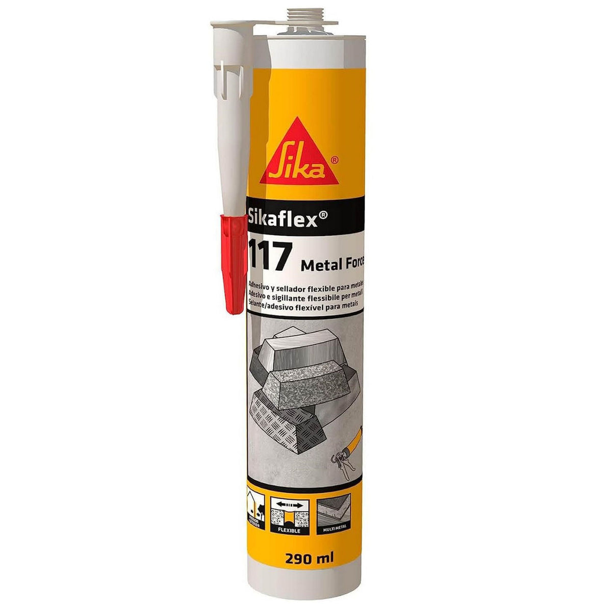 Cartucho de 290 ml de Sikaflex®-117 Metal Force de Sika, adhesivo elástico híbrido gris claro para pegado de metales - Vetonek
