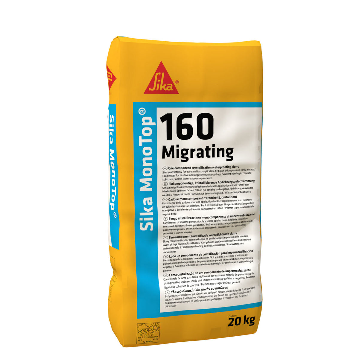 Saco de 25 kg de Sika MonoTop®-160 Migrating de Sika, mortero cementoso de impermeabilización por cristalización para hormigón y depósitos - Vetonek