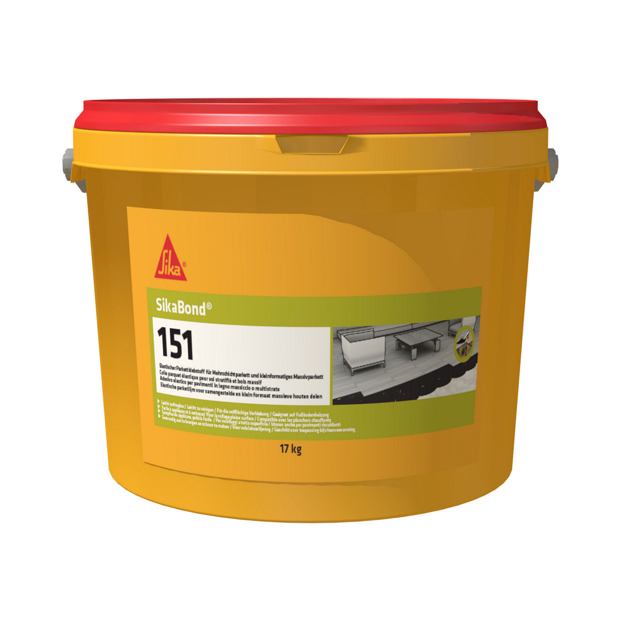 Bote de 17 kg de SikaBond®-151 de Sika, adhesivo elástico de polímero de silano para encolado de parquet y tarima - Vetonek