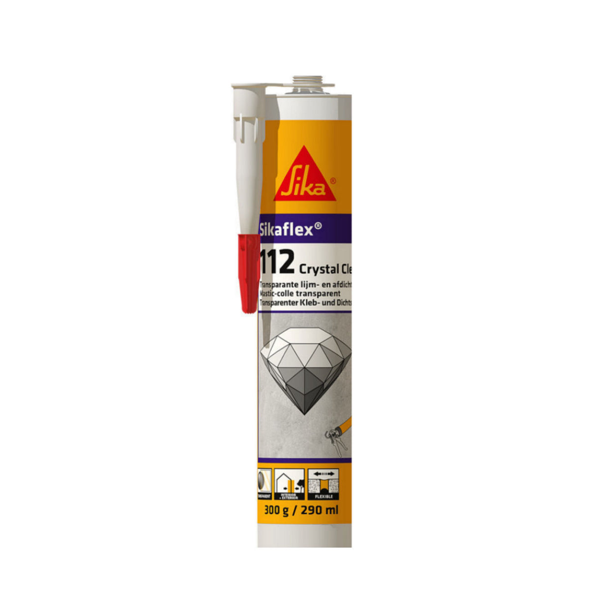 Cartucho de 290 ml de Sikaflex®-112 Crystal Clear de Sika, adhesivo y sellador transparente para pegar y sellar vidrio, metal, madera y PVC - Vetonek