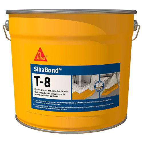 Cubo de 10 l de SikaBond® T-8 de Sika, adhesivo elástico e impermeabilizante de poliuretano para pegado de baldosas - Vetonek