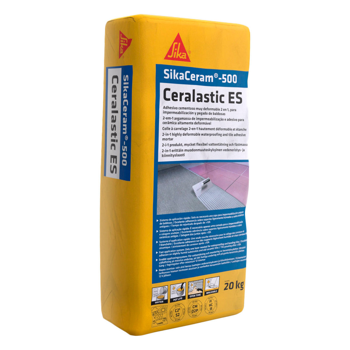 Saco de 20 kg de SikaCeram®-500 Ceralastic ES de Sika, mortero que impermeabiliza y pega cerámica en terrazas, piscinas y duchas - Vetonek