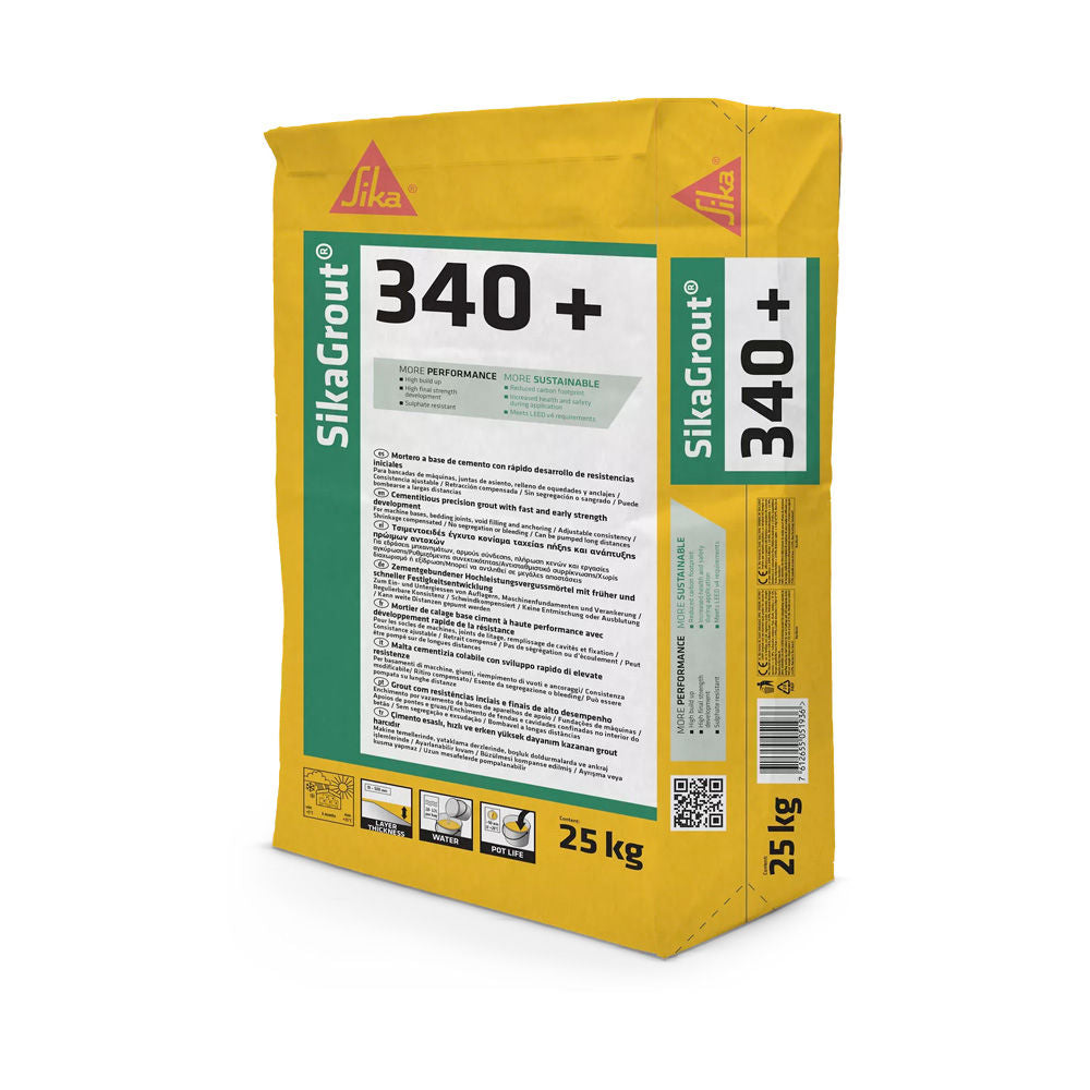 Saco de 25 kg de SikaGrout®-340+ de Sika, grout cementoso de altas prestaciones para bases de máquinas y rellenos de gran espesor - Vetonek