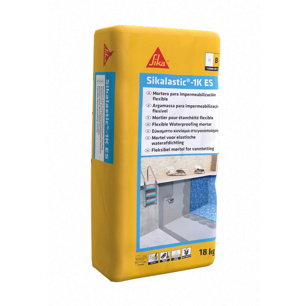 Saco de 20 kg de Sikalastic®-1K ES de Sika, mortero cementoso flexible con fibras para impermeabilizar hormigón, depósitos y muros - Vetonek