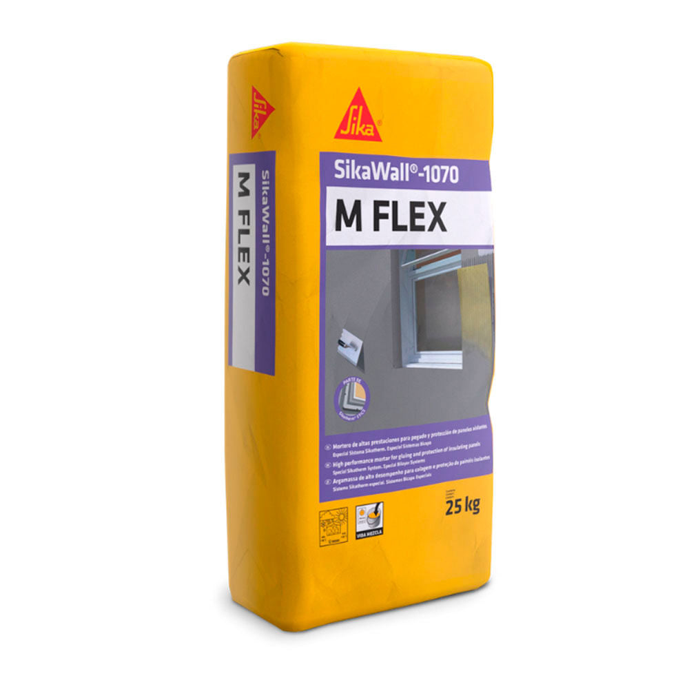 Saco de 25 kg de SikaWall®-1070 M-FLEX de Sika, mortero cementoso deformable con fibras para pegar y reforzar aislante SATE - Vetonek