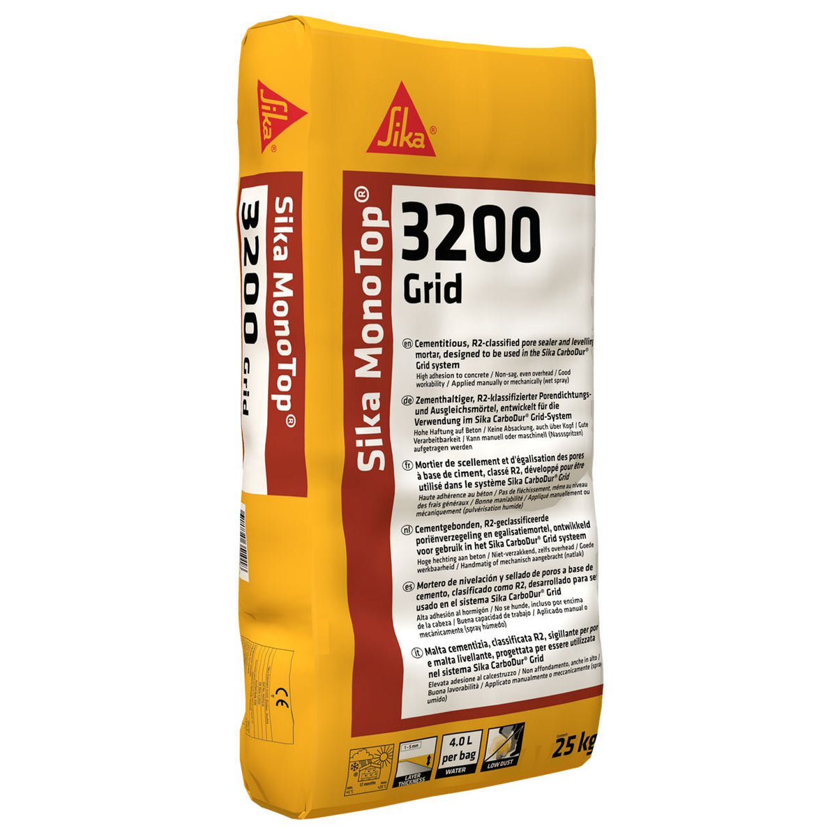 Saco de 25 kg de Sika MonoTop®-3200 Grid de Sika, mortero de reparación R3 de capa fina para el sistema de refuerzo CarboDur® Grid - Vetonek