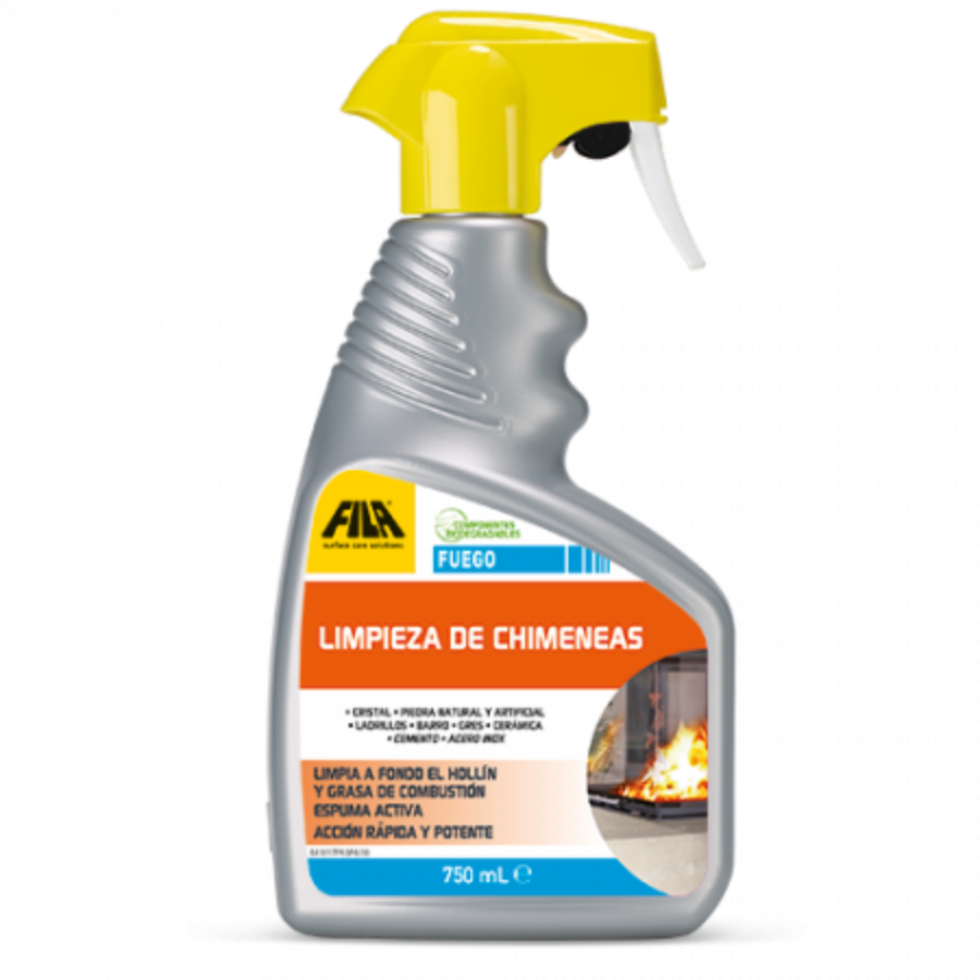 "Botella de 750 ml de FUEGO de FILA, limpiador de chimeneas con espuma activa. Formulado para limpiar a fondo hollín, grasa de combustión y residuos en superficies como cristal, piedra natural y artificial, ladrillo, acero y cerámica. Acción rápida y potente, ideal para mantener chimeneas limpias y seguras."