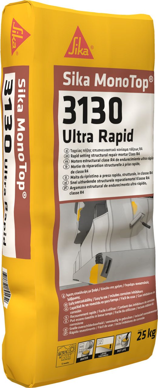 Saco de 25 kg de Sika MonoTop®-3130 Ultra Rapid de Sika, mortero de reparación estructural ultrarrápido R4 con protección de armaduras - Vetonek