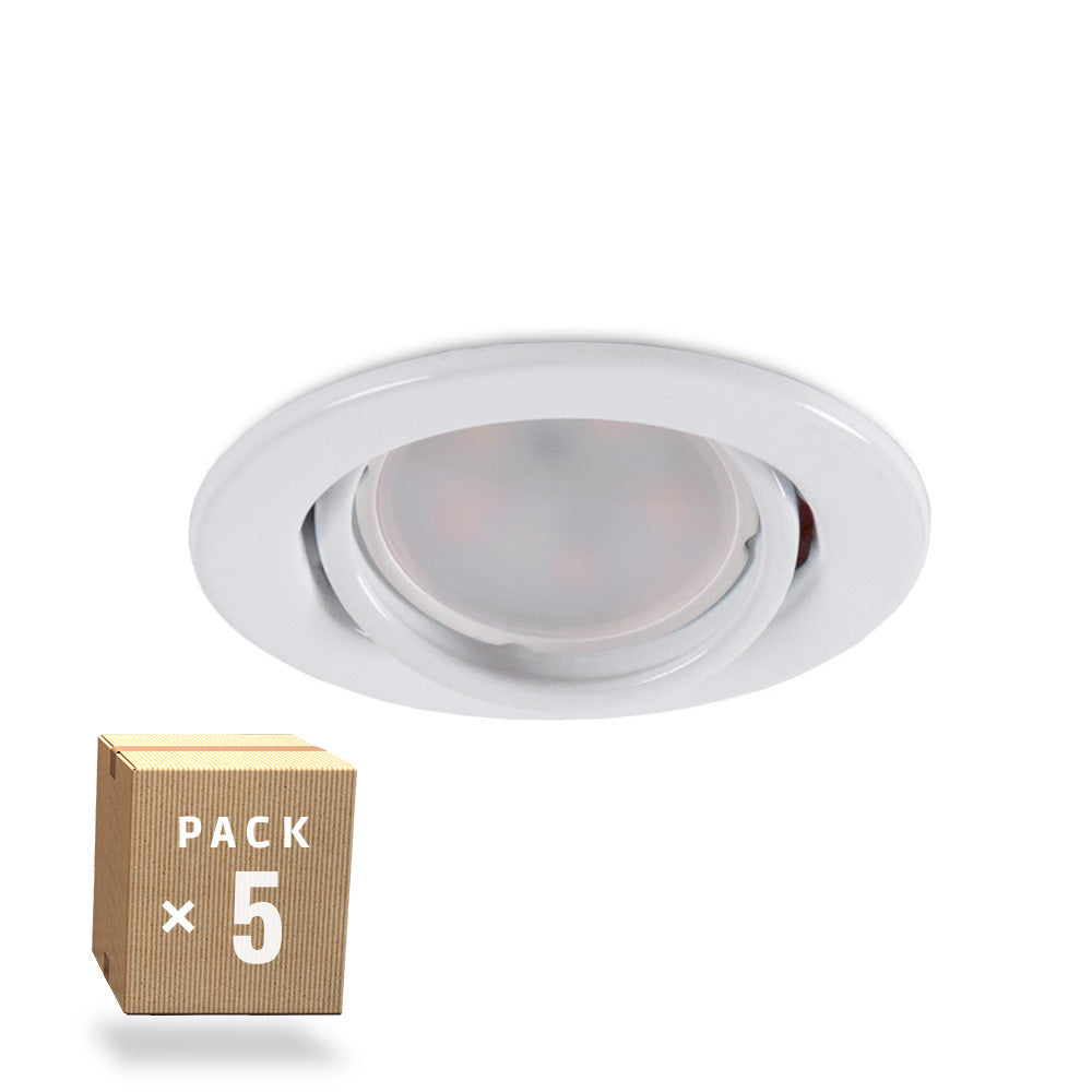 Pack de 5 Bombillas LED GU10 6W 700Lm 6000ºK - Aro Downlight Redondo Inclinable "Vepa" Acero 90mm - Blanco — Vetonek