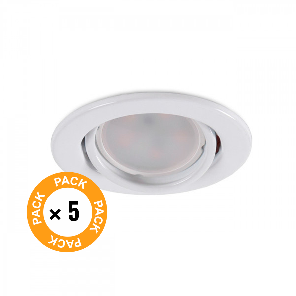 Pack de 5 Bombillas LED GU10 6W 700Lm 6000ºK - Aro Downlight Redondo Inclinable "Vepa" Acero 90mm - Blanco — Vetonek (2)