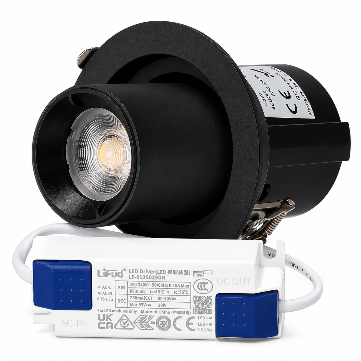 Downlight Orientable LED 10W CRI>90 90LM/W 2700ºK Driver Lifud Blanco Cálido Negro — Vetonek
