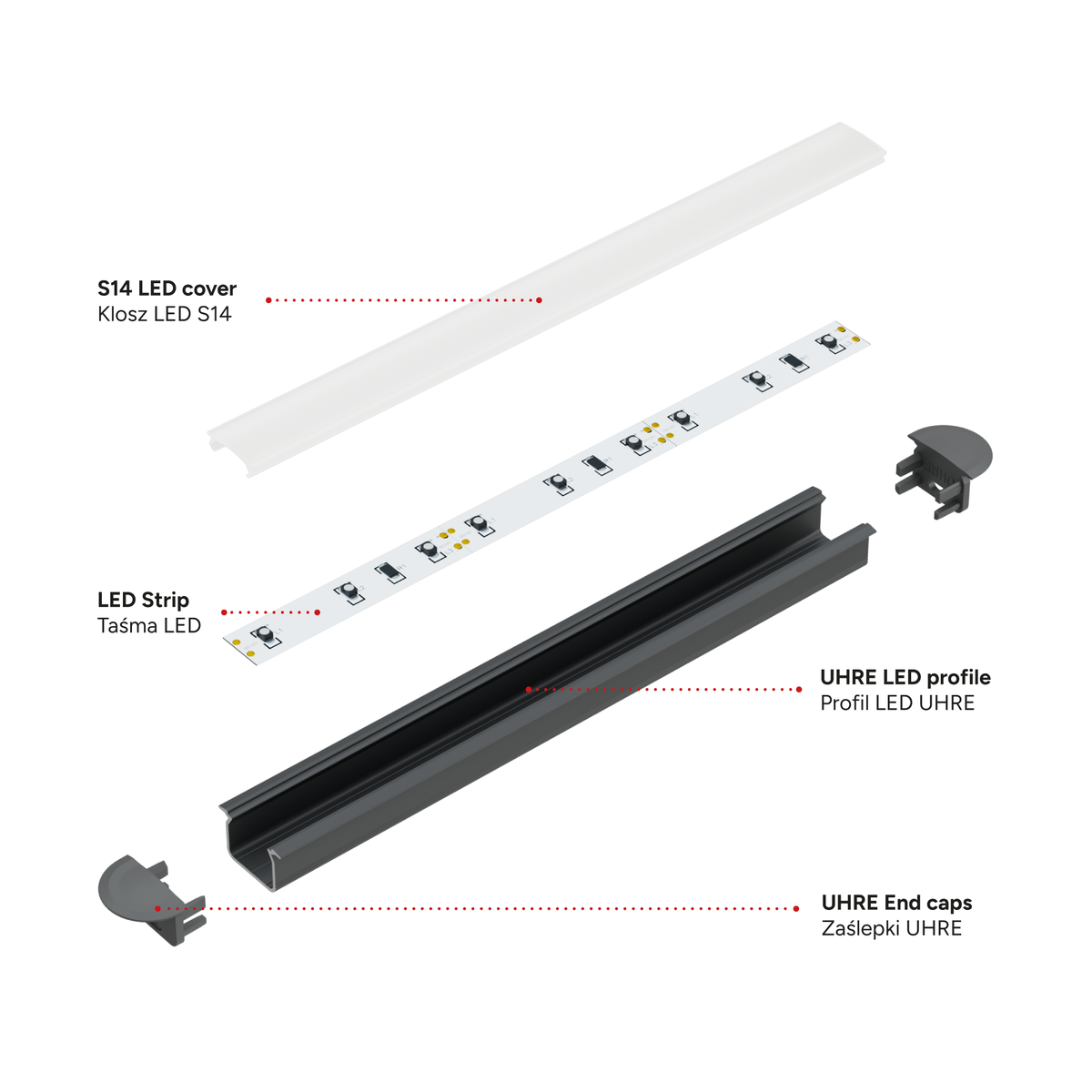 Perfíl Aluminio KIMERA-"UHRE" Anodizado Plata con Difusor Opal , Tapones y Clips Sujección 2,02M — Vetonek (2)