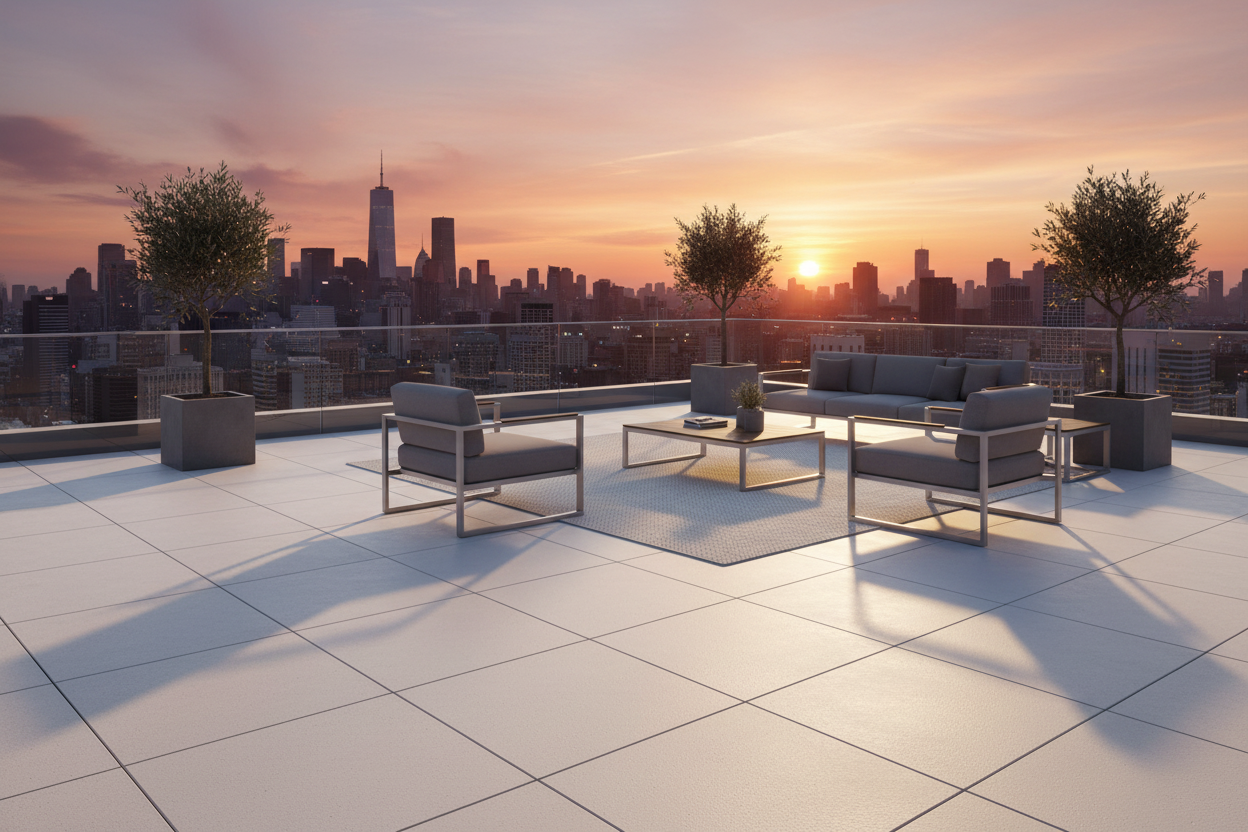 Terraza en azotea pavimentada con Losa Medinaceli de hormigón en blanco - Vetonek