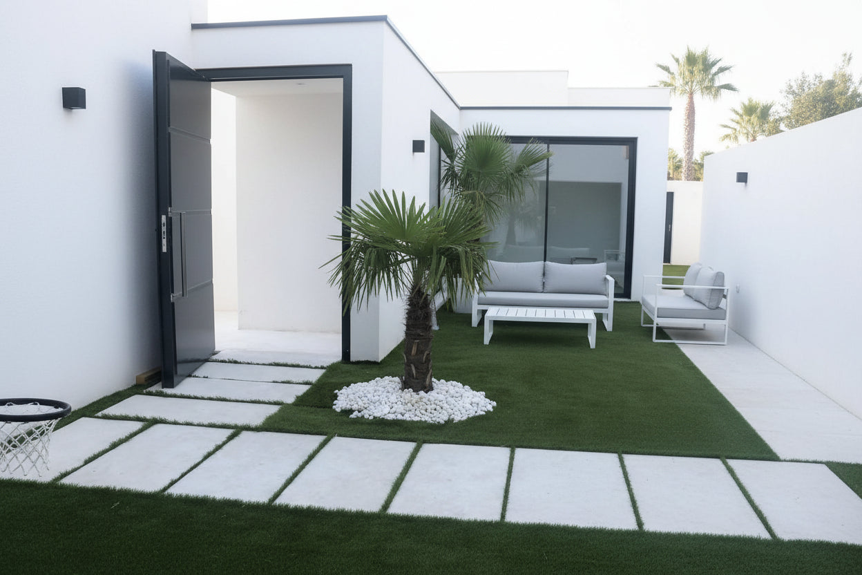 Dalle blanche pour jardin avec gazon