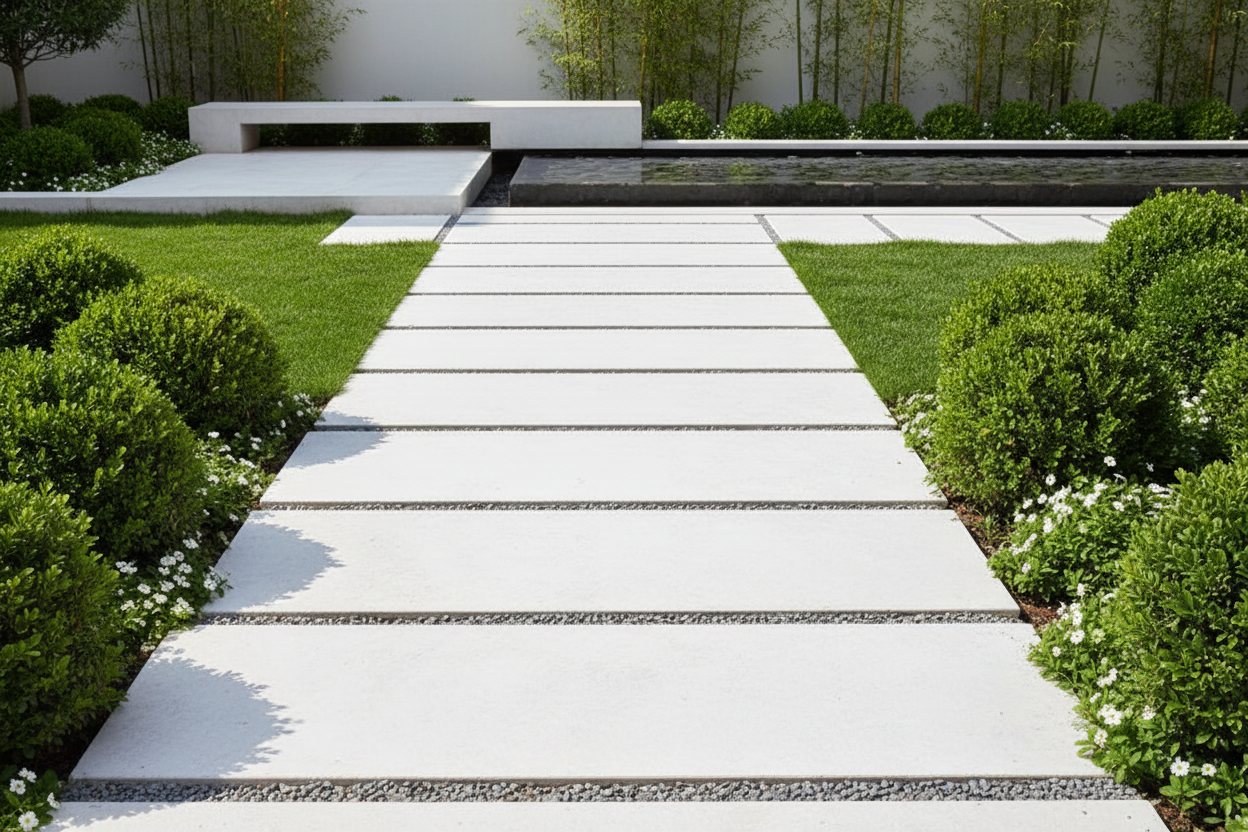 Jardín moderno con camino de Losa Ainsa de hormigón en blanco junto a un estanque - Vetonek