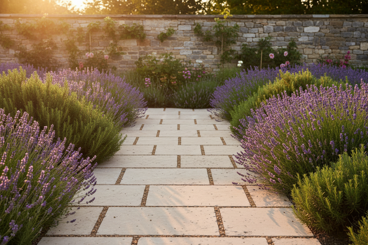 Camino de jardín bordeado de lavanda pavimentado con Losa Alquézar de hormigón en champagne - Vetonek