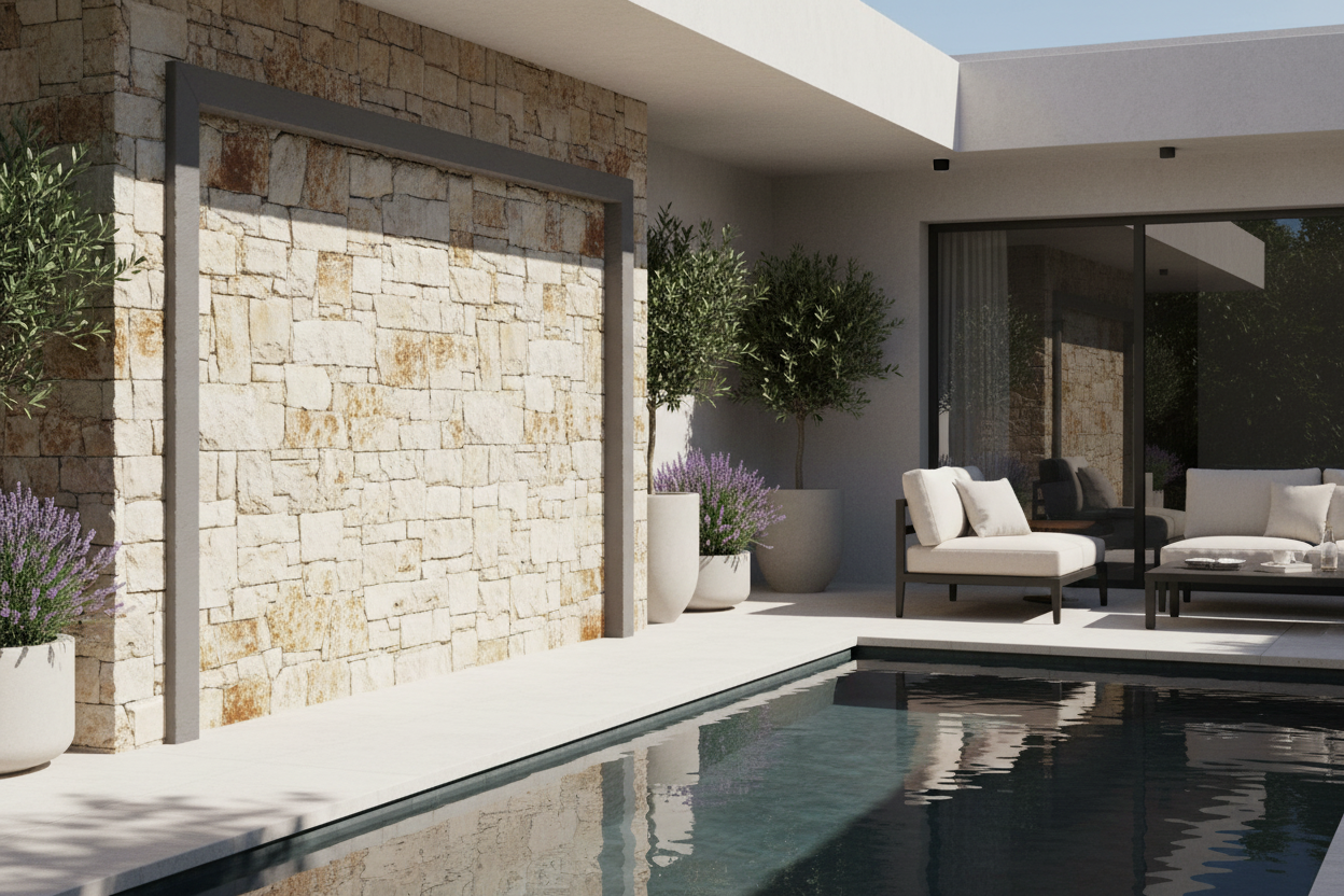 Moldura Decorativa Poblet color pirineos rematando el borde de un aplacado de piedra en un patio de lujo con piscina y muebles de exterior