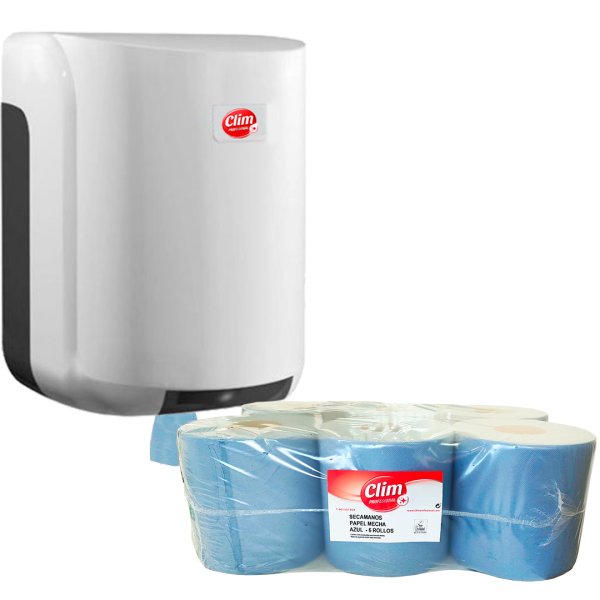 Pack distributeur d'essuie-mains en rouleau et papier mèche bleu - 6 rouleaux Vetonek