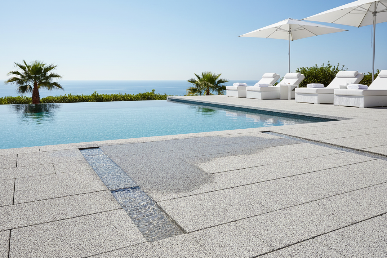 Terraza de piscina infinita con vistas al mar y Pavimento Filtrante Atienza de hormigón en gris natural - Vetonek