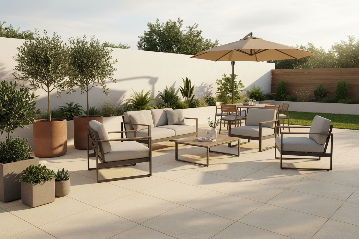 Patio trasero con muebles de exterior sobre Losa Olite de hormigón en champagne - Vetonek