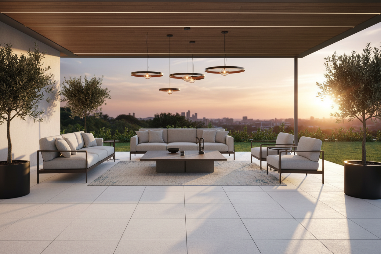 Terraza cubierta pavimentada con Losa Sigüenza de hormigón en blanco con muebles de exterior - Vetonek