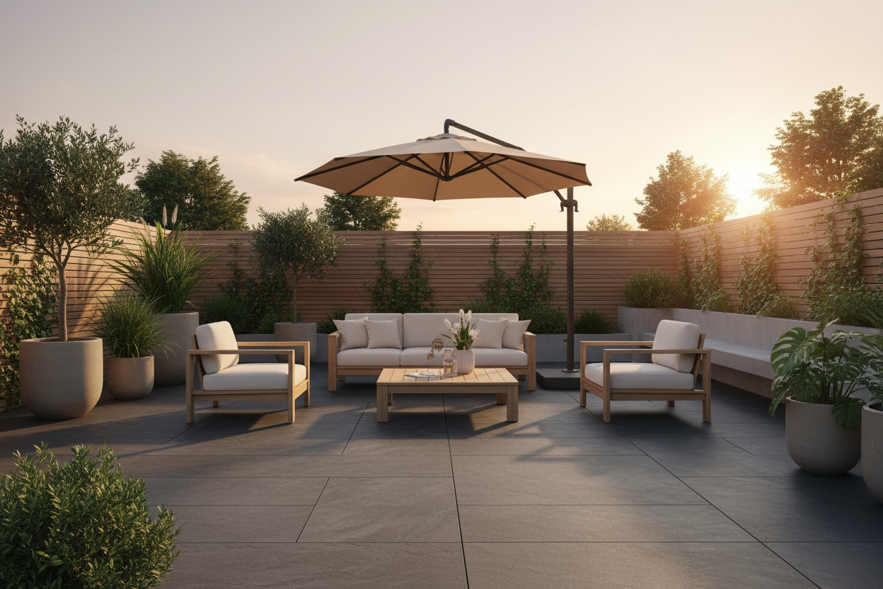Patio trasero con muebles de madera sobre Pavimento Albarracín Textura Pizarra en antracita - Vetonek