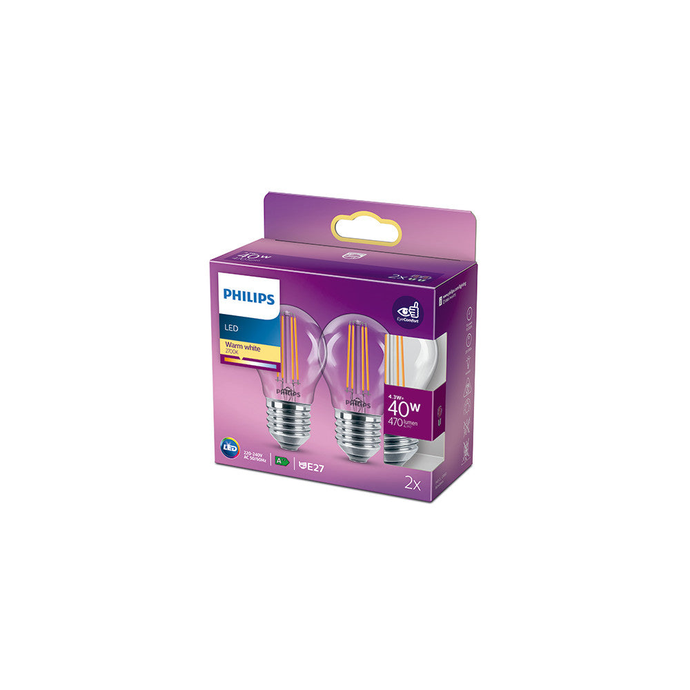 Pack 2 Bombilla LED Philips E27 P45 4.3W 470Lm 2700K — Vetonek