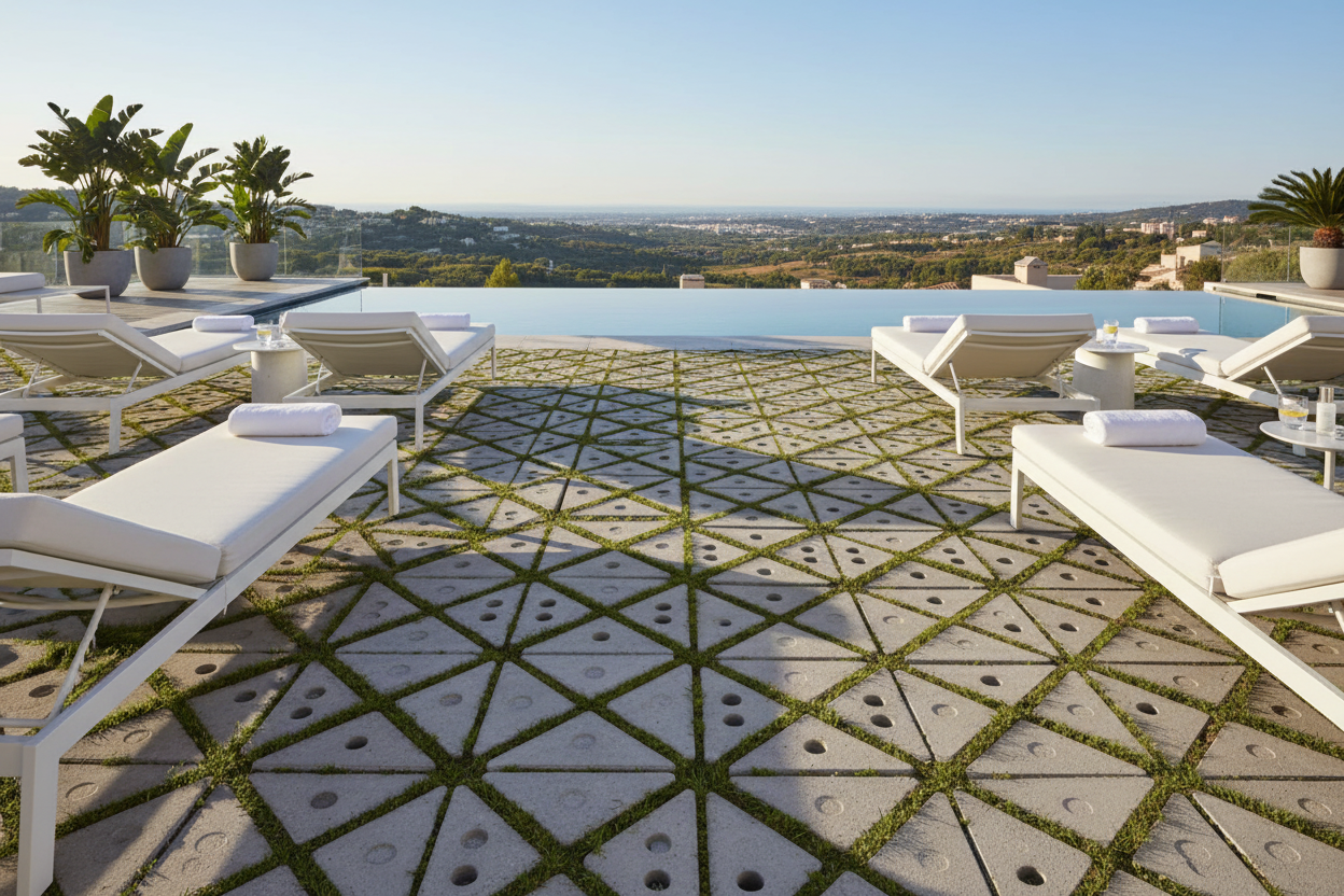 Terraza de piscina con Adoquín Chinchón Triangular de hormigón en gris natural y césped entre las piezas - Vetonek