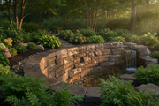Muro de contención de piedra artificial tratado con el hidrófugo de efecto mojado Levante en un jardín con cascada - Vetonek