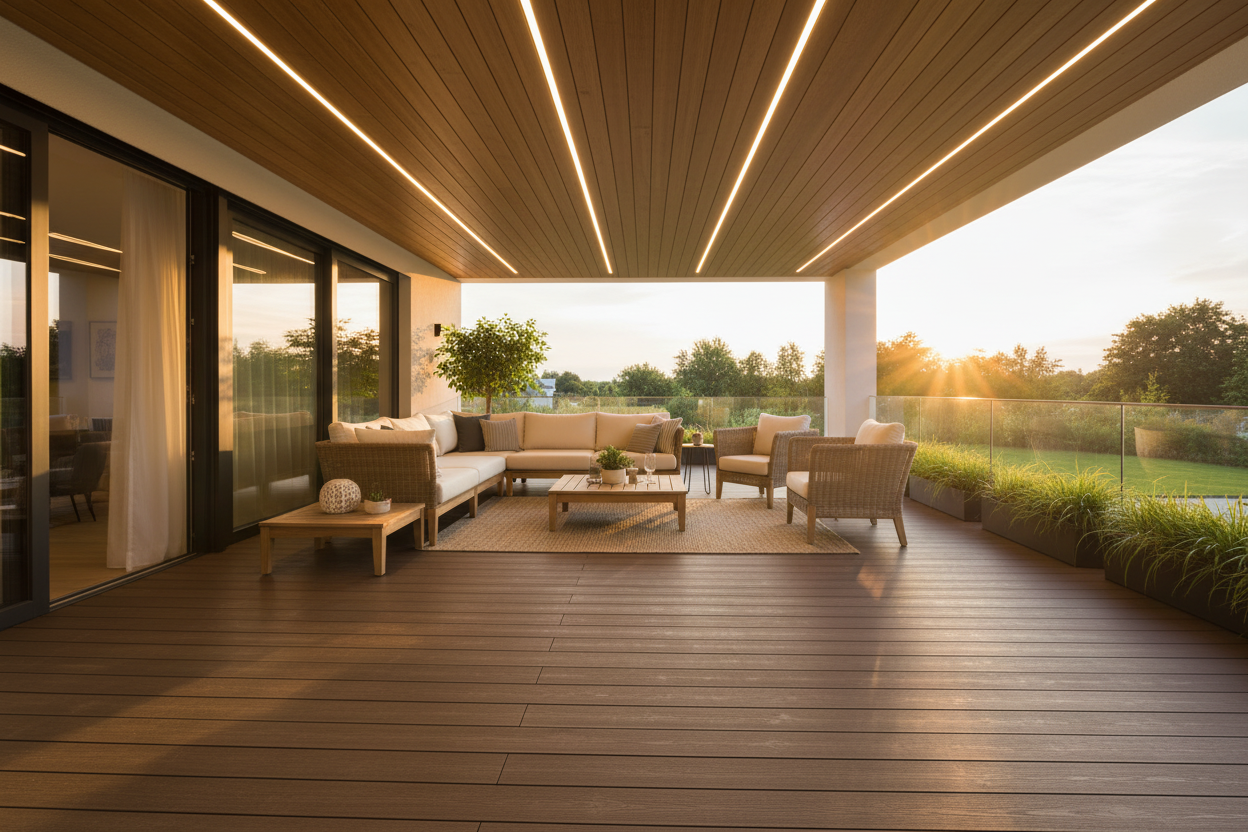 Terraza cubierta pavimentada con Entarimado Almagro de hormigón con muebles de exterior - Vetonek