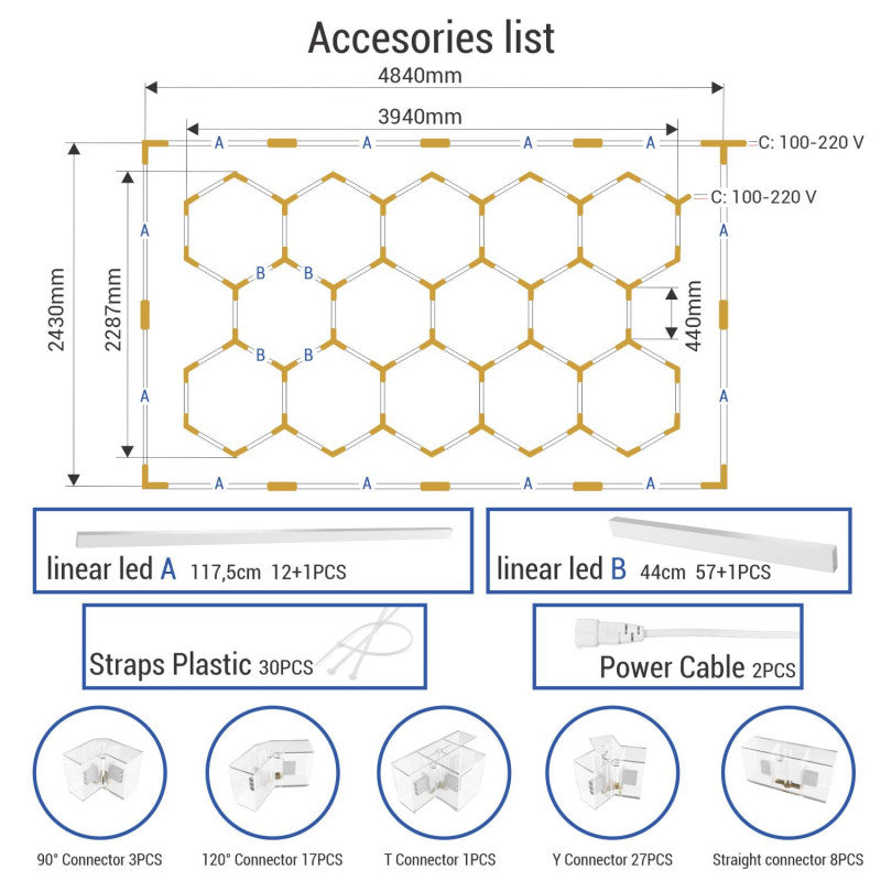 Lámpara LED hexagonal - 6000K - 14 hexágonos + Rectángulo 500cm — Vetonek (10)