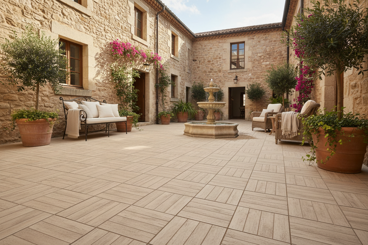 Patio de edificio histórico con Pavimento Albarracín Aspecto Madera de hormigón en arena - Vetonek