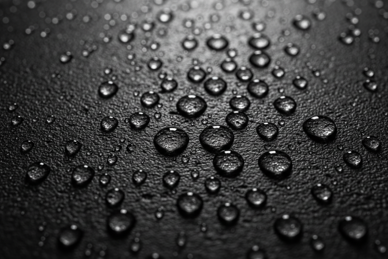 Tratamiento hidrófugo de color Poniente en negro antracita, gotas de agua repelidas sobre la superficie tratada - Vetonek